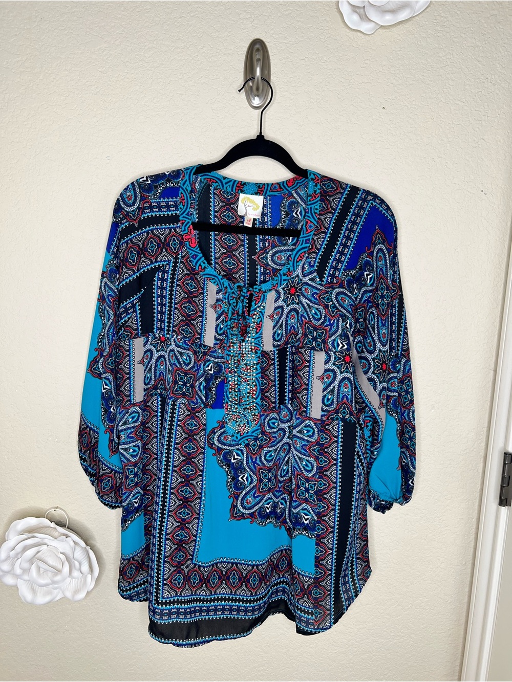 NTM Fig & Flower Beaded Paisley Boho Peasant Blouse XL Blue Turquoise 3/4 Sleeve